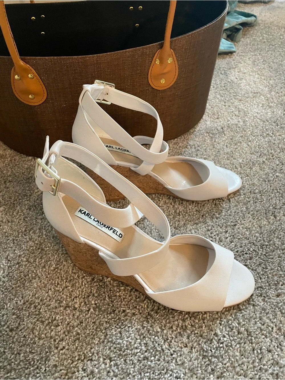Karl Lagerfeld Cream Ankle-Strap Wedge Sandals